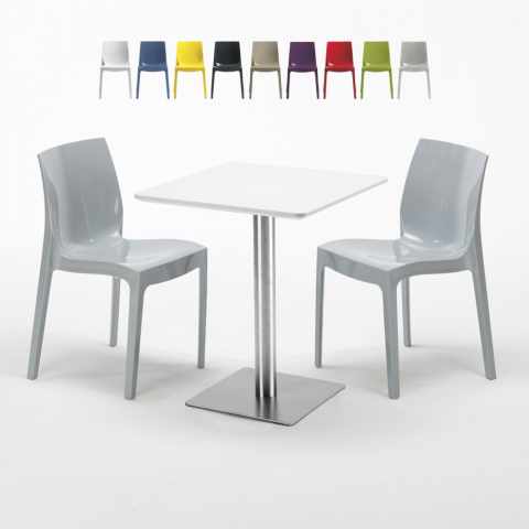 Vierkante salontafel wit 60x60 cm met stalen onderstel en 2 gekleurde stoelen Ice Hazelnut Aanbieding