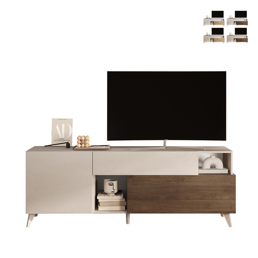 Meuble TV blanc en bois moderne avec tiroir et 2 portes 181x42x67cm Edwin Remises