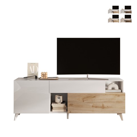 Meuble TV blanc en bois moderne avec tiroir et 2 portes 181x42x67cm Edwin Promotion
