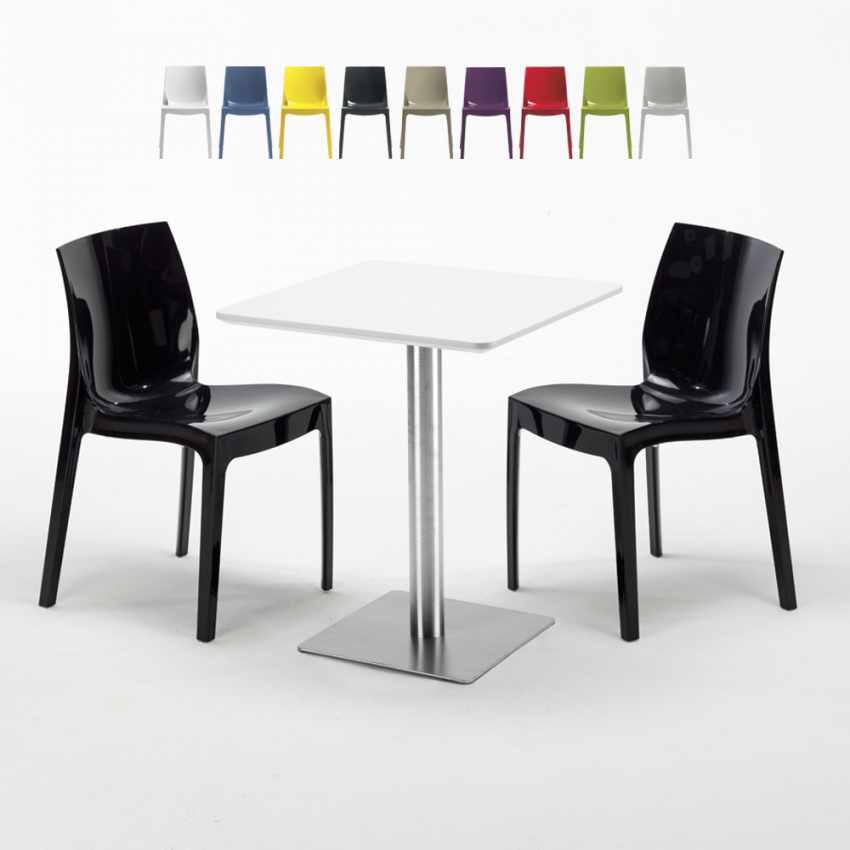 Table carrée 60x60 plateau blanc avec 2 chaises colorées Ice Hazelnut Réductions
