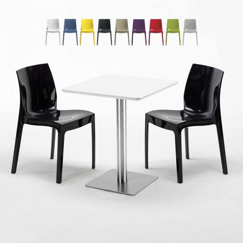 Vierkante salontafel wit 60x60 cm en 2 gekleurde stoelen Ice Hazelnut Kortingen