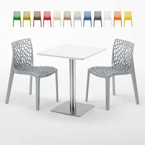 Vierkante salontafel wit 60x60 cm met stalen onderstel en 2 gekleurde stoelen Gruvyer Hazelnut Aanbieding