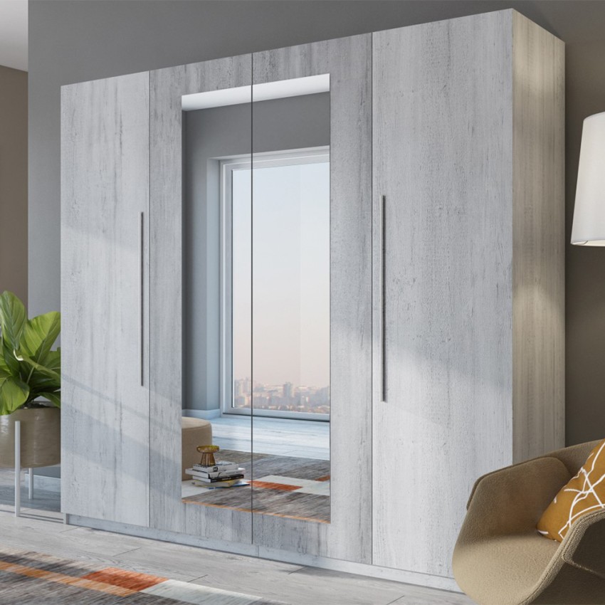 Dressing quatre portes miroir en bois de chêne gris 228x58x214 Morvel Promotion Dressing quatre portes miroir en bois de chêne gris 228x58x214 Morvel Promotion