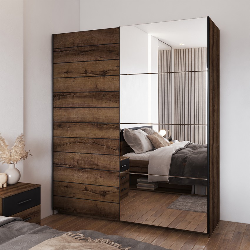 Armoire dressing chambre chêne 2 portes coulissantes miroir Ketou  Promotion