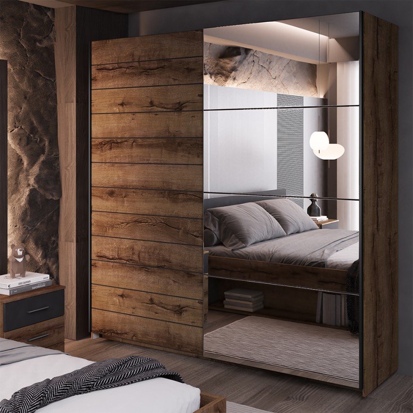Armoire dressing 2 portes coulissantes miroir chêne foncé noir Otilie Promotion Armoire dressing 2 portes coulissantes miroir chêne foncé noir Otilie Promotion