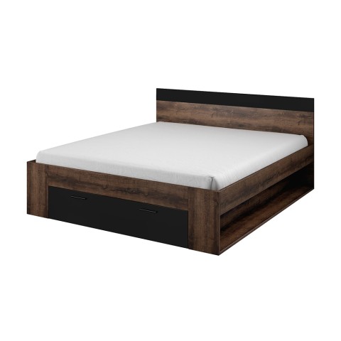 Tweepersoonsbed met opbergruimte en lattenbodem 160x200 cm in zwart en eiken Bayda Aanbieding