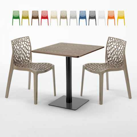 Vierkante tafel 70x70 cm houteffect met 2 gekleurde stoelen Gruvyer Melon Aanbieding