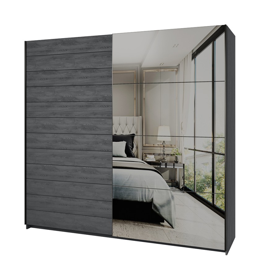 Kledingkast met schuifdeuren en spiegel 220x61x210 cm in donker eikenhout Wamin Aanbieding