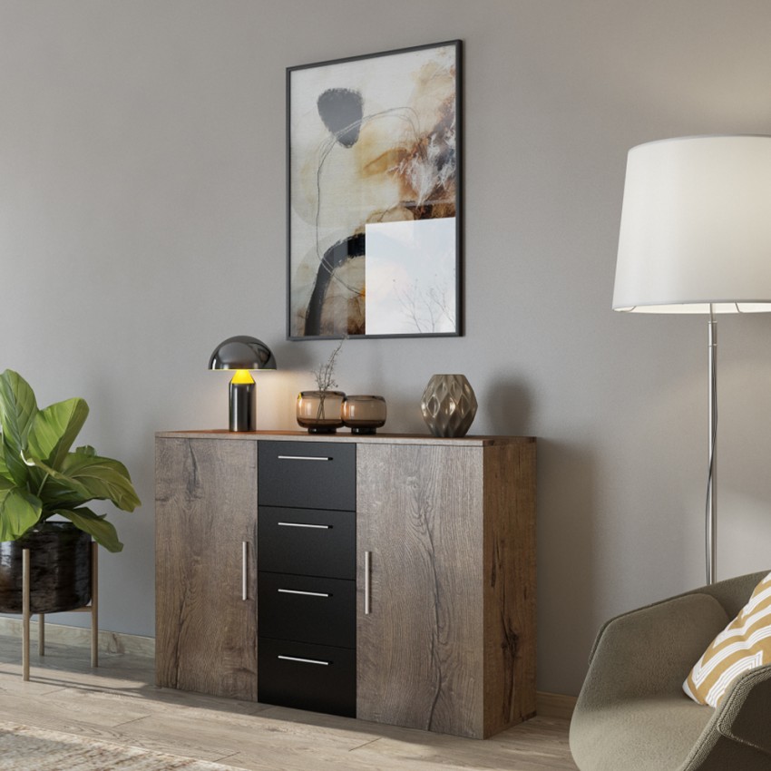 Ladekast dressoir met 2 deuren en 4 laden in zwart en donker eikenhout Cayey Aanbieding Ladekast dressoir met 2 deuren en 4 laden in zwart en donker eikenhout Cayey Aanbieding
