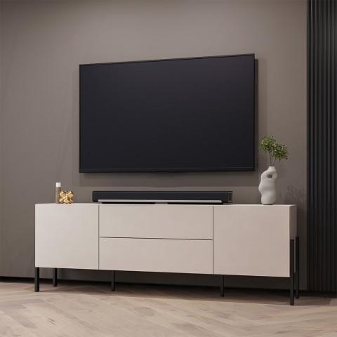 Meuble TV 2 portes 2 tiroirs design minimaliste moderne beige Kaylus  Promotion