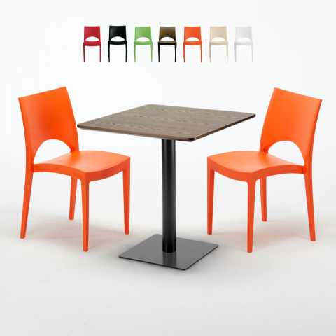 Table carrée 70x70 plateau effet bois avec 2 chaises colorées Paris Melon