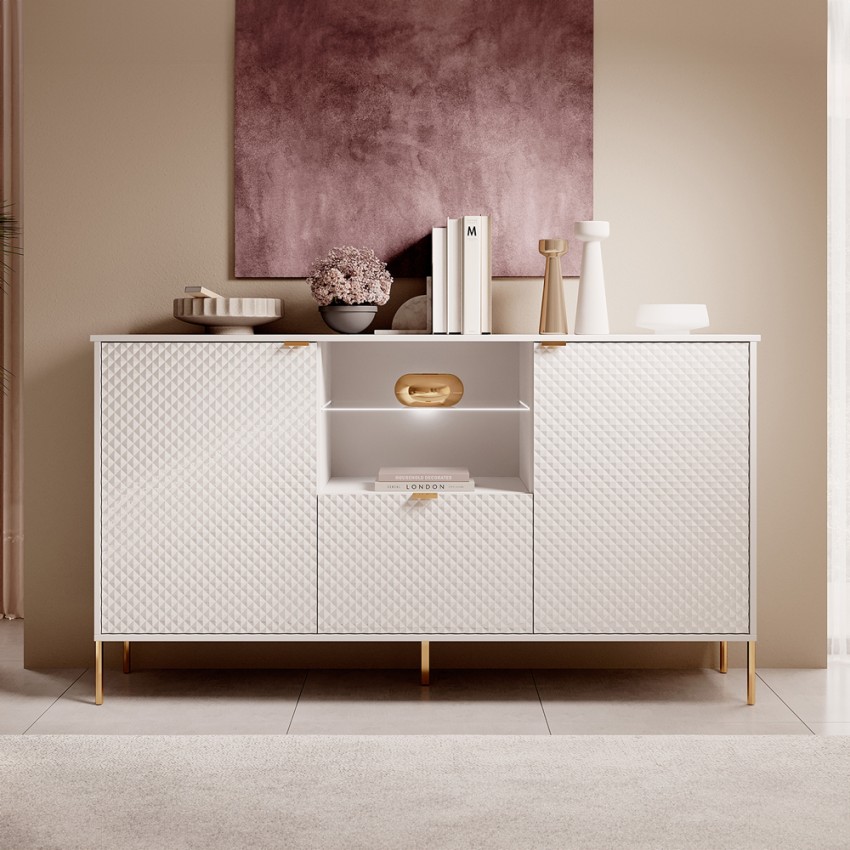 Modern wit 3-deurs dressoir met LED-verlichting voor woonkamer en keuken Sandani Aanbieding Modern wit 3-deurs dressoir met LED-verlichting voor woonkamer en keuken Sandani Aanbieding
