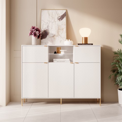 Madia alta credenza moderna cucina soggiorno bianca dorata Breteny - Hoge witte en gouden moderne keukenkast voor de woonkamer B