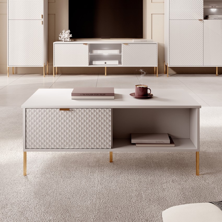 Salontafel met deurtjes en open vakken wit goudkleurig 104,1x59,6x41,6 cm Oviedo Aanbieding
