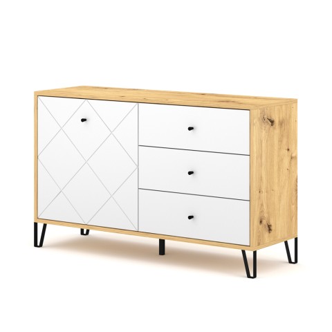 Modern eikenhouten dressoir 120 cm met witte deur en 3 witte laden Gwen Aanbieding