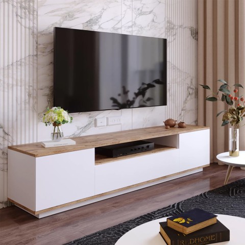 Meuble TV 180cm salon design moderne 3 portes blanc bois Nirrat Promotion