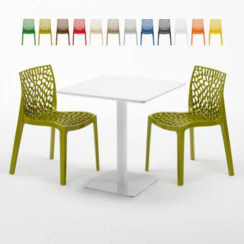 Table carrée 70x70 blanche avec 2 chaises colorées Gruvyer Meringue Promotion