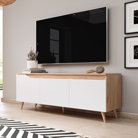 Meuble TV moderne 140cm scandinave en bois 3 portes blanc mat Muriel Promotion