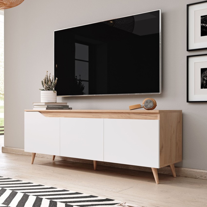 Meuble TV moderne 140cm scandinave en bois 3 portes blanc mat Muriel Promotion Meuble TV moderne 140cm scandinave en bois 3 portes blanc mat Muriel Promotion