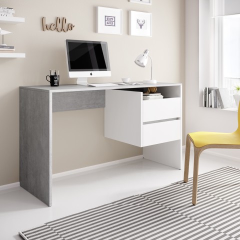 Bureau design 2 tiroirs blanc moderne gris Riley Promotion