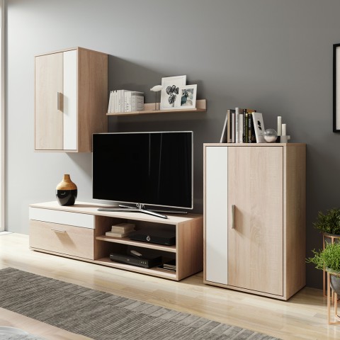 Moderne TV-wand van wit eikenhout met plank, 2 hangkasten Berno Aanbieding