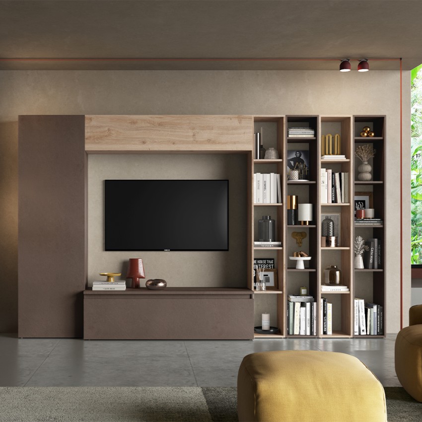 Moderne tv-wandmeubel met boekenkast wit grijs Infinity 10 Aanbieding Moderne tv-wandmeubel met boekenkast wit grijs Infinity 10 Aanbieding