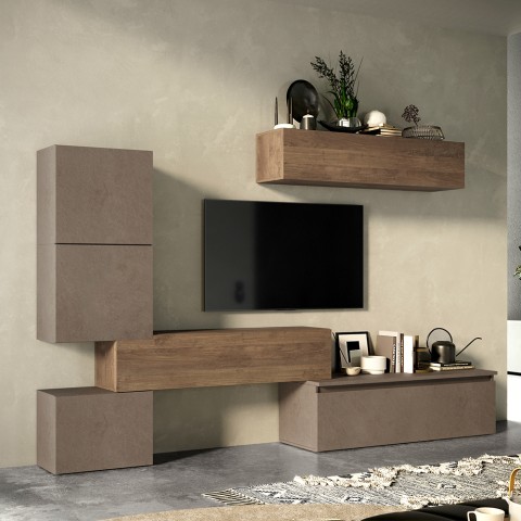 Ensemble mural TV moderne meubles suspendus bois gris noir Infinity 16 Promotion