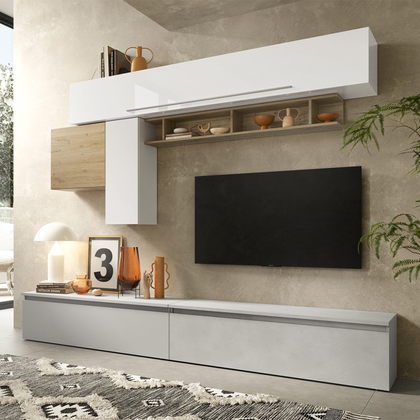 Moderne witte hoogglans tv-wandmeubel met houten plank Infinity 17 Aanbieding