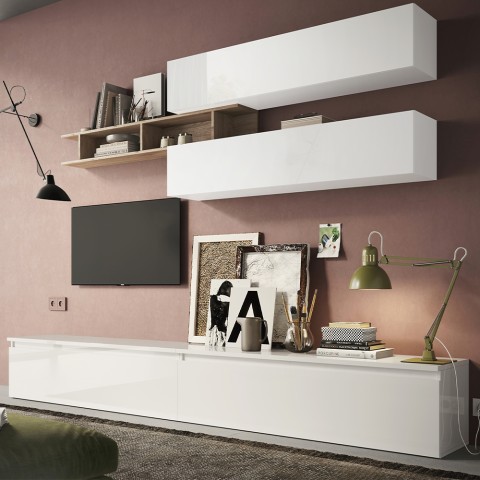 Mur TV et étagère murale moderne blanche Infinity 21 pour salon Promotion