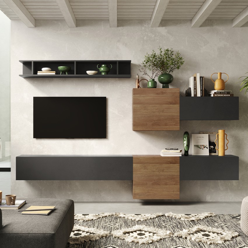 Mur TV suspendue moderne en bois blanc et gris Infinity 22 Promotion Mur TV suspendue moderne en bois blanc et gris Infinity 22 Promotion