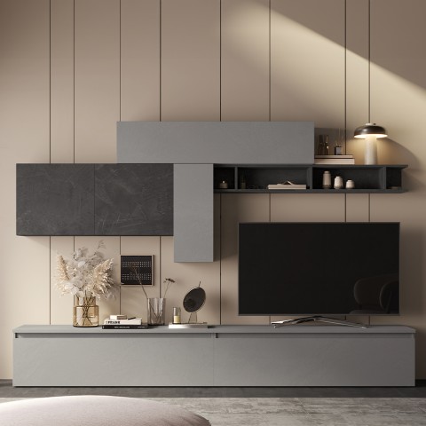 Ensemble mural salon design moderne gris étagère noire Infinity 23 Promotion