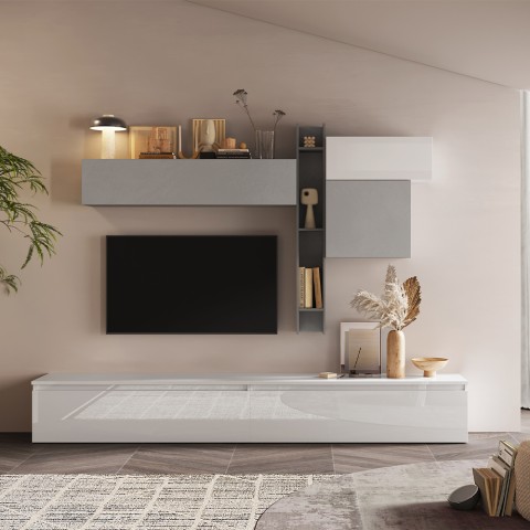 Meuble mural TV moderne blanc et gris avec meubles suspendus Infinity 29 Promotion