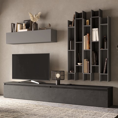 Moderne wandmeubel met grijze boekenkast en zwart tv-meubel Infinity 30 Aanbieding
