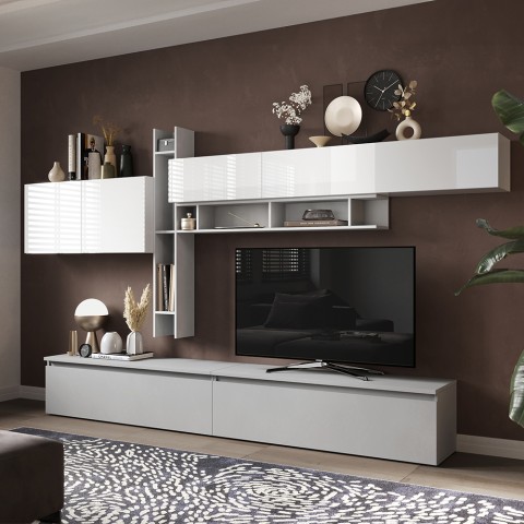 Ensemble mural TV design moderne blanc avec étagères bibliothèque Infinity 32 Promotion