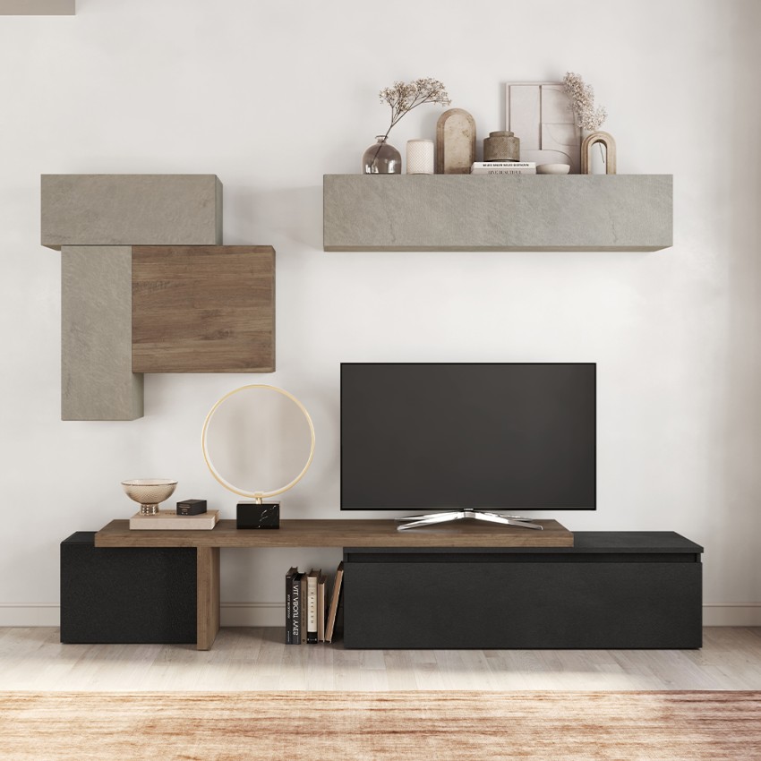 Ensemble mural moderne pour TV en bois noir avec meubles suspendus gris Infinity 34 Promotion Ensemble mural moderne pour TV en bois noir avec meubles suspendus gris Infinity 34 Promotion