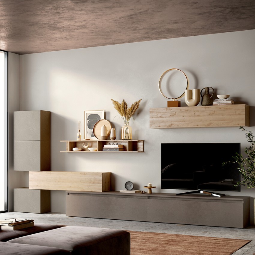 Moderne zwevende wandmeubelset voor woonkamer in hout Infinity 37 Aanbieding Moderne zwevende wandmeubelset voor woonkamer in hout Infinity 37 Aanbieding