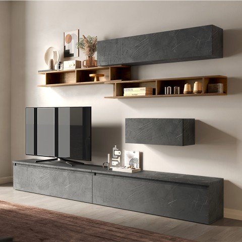 Ensemble mural TV pour salon moderne gris avec étagères en bois Infinity 39 Promotion