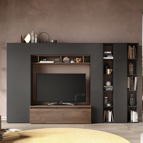 Mur TV contemporaine avec bibliothèque en bois Infinity 36 Promotion