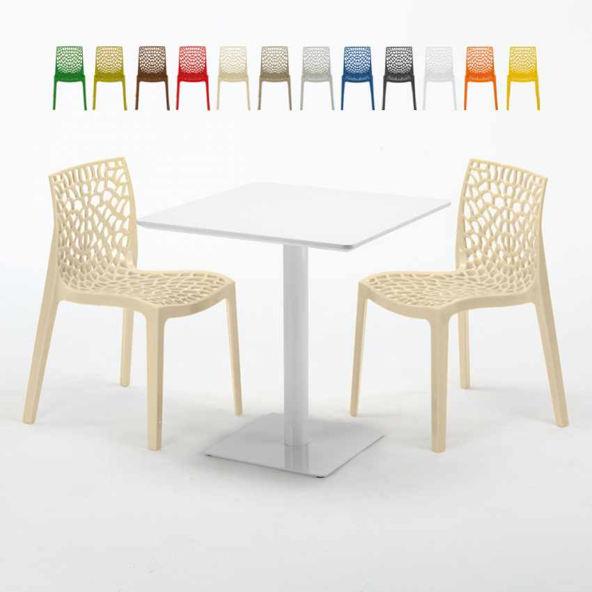 Vierkante salontafel wit 60x60 cm en 2 gekleurde stoelen Gruvyer Meringue Afmetingen Vierkante salontafel wit 60x60 cm en 2 gekleurde stoelen Gruvyer Meringue Afmetingen