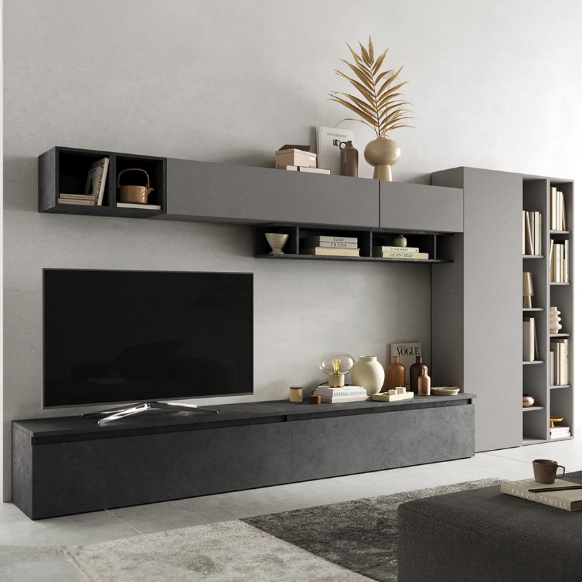 Murale TV bibliothèque moderne gris meubles suspendus Infinity 43 Promotion Murale TV bibliothèque moderne gris meubles suspendus Infinity 43 Promotion
