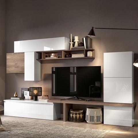 Meuble mural TV bois suspendu noir blanc Infinity 46 Promotion