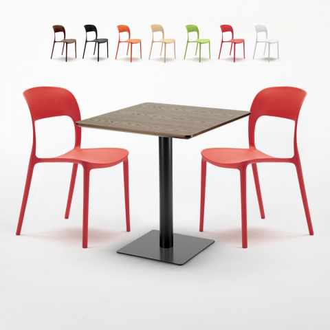 Table 70x70 effet bois + 2 chaises colorées Restaurant Melon
