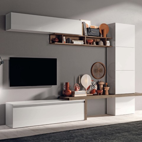 Ensemble mural moderne pour télé, bois blanc laqué Fantasy 03 Promotion