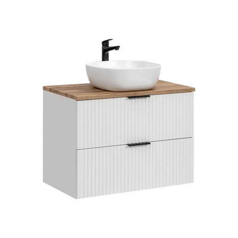 Meuble salle de bain suspendu blanc en bois lavabo à poser tiroirs Adel White Promotion