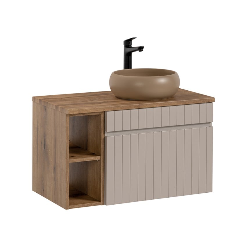 Hangend houten badkamermeubel met beige wastafel en grijze lades Coast 80N Aanbieding Hangend houten badkamermeubel met beige wastafel en grijze lades Coast 80N Aanbieding