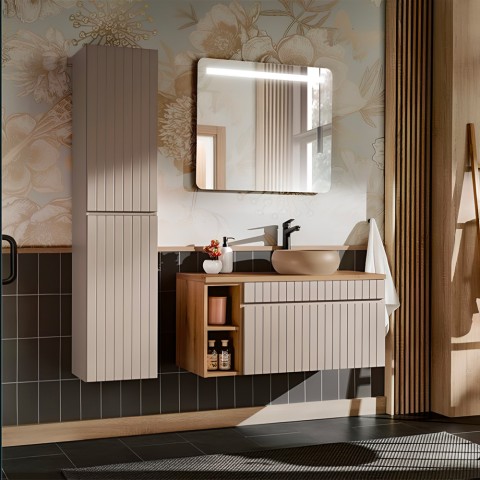 Mobiele badkamer zwevende wastafel beige opzetwastafel spiegel kast Coast 100 SNA Aanbieding