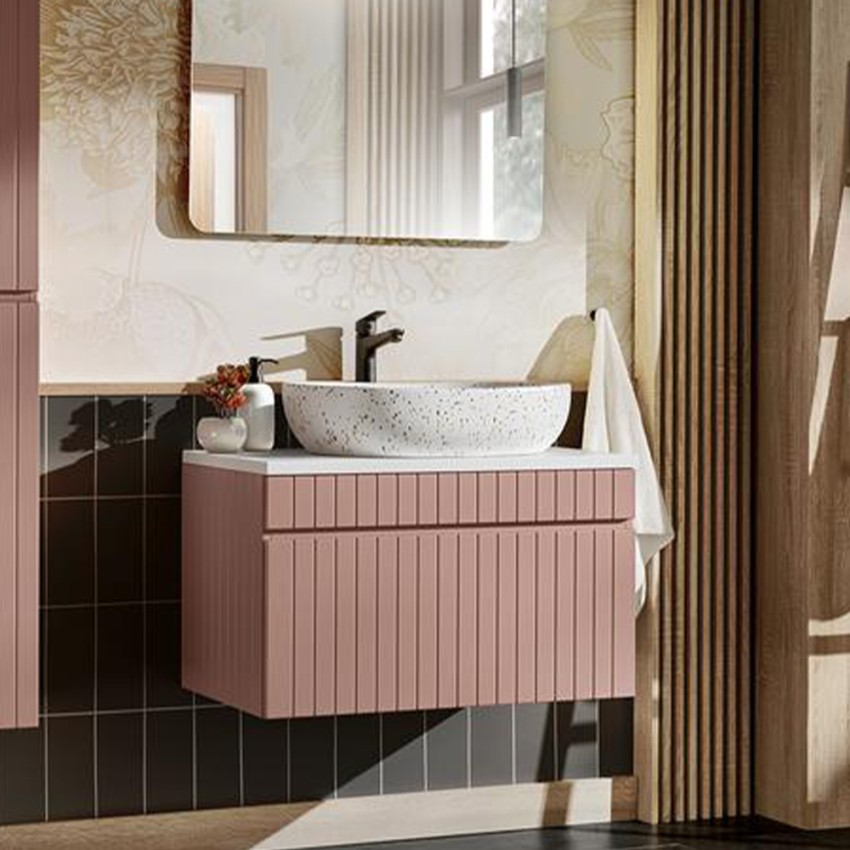 Meuble de salle de bain suspendu 80x46 lavabo d'appui rose et blanc Lili 80 Promotion Meuble de salle de bain suspendu 80x46 lavabo d'appui rose et blanc Lili 80 Promotion