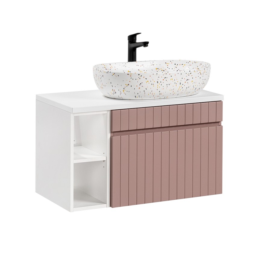 Hangende roze badkamerkast met open vakken en witte wasbak Lili 80N Aanbieding Hangende roze badkamerkast met open vakken en witte wasbak Lili 80N Aanbieding