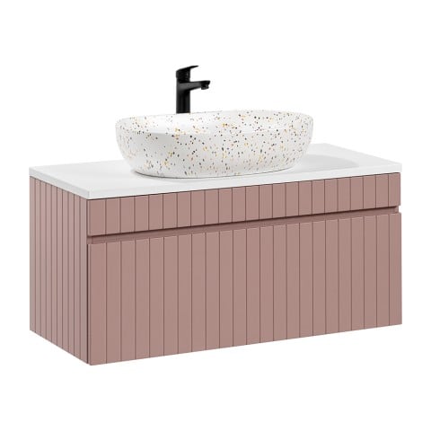 Zwevende badkamermeubel met roze en witte opzetwastafel Lili 100 Aanbieding