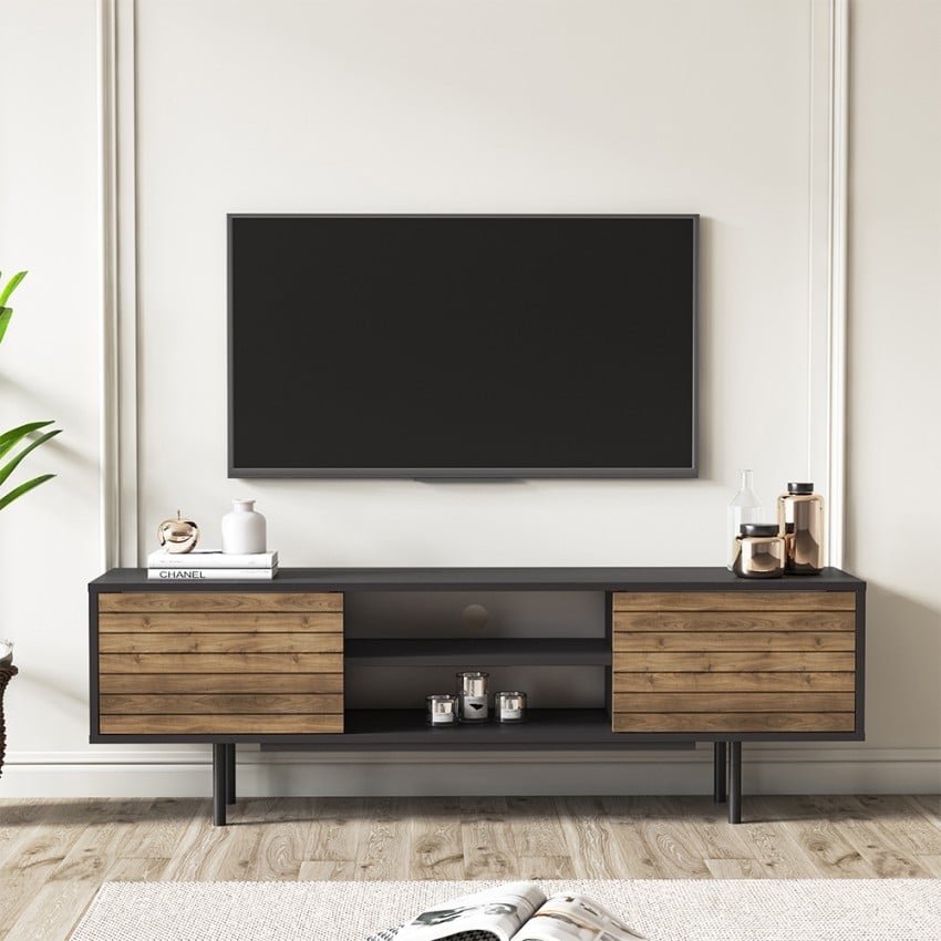 Modern design zwart en houten tv-meubel met 2 deuren en open vakken 160x35x52 cm Colosseo Aanbieding Modern design zwart en houten tv-meubel met 2 deuren en open vakken 160x35x52 cm Colosseo Aanbieding